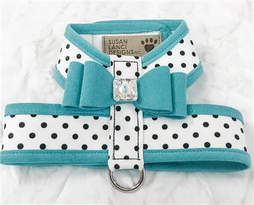 Susan Lanci Two Tone Polka Dot Big Bow Tinkie Harness in Bimini Blue