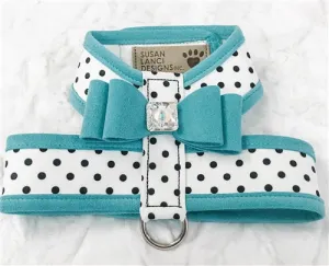 Susan Lanci Two Tone Polka Dot Big Bow Tinkie Harness in Bimini Blue