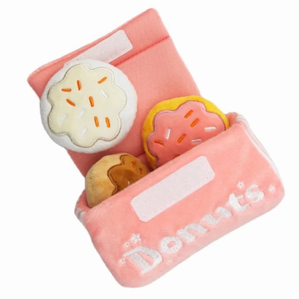 Talking Dog Club Donut Box with 3 Detachable Donut Interactive Plush Toy for Dogs (Pink)