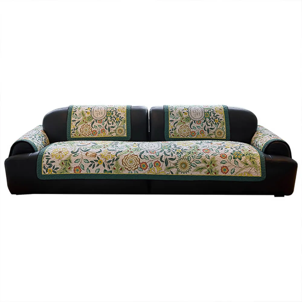 Vintage Botanical Quilted Non-Slip Couch Cover  French Farmhouse Style