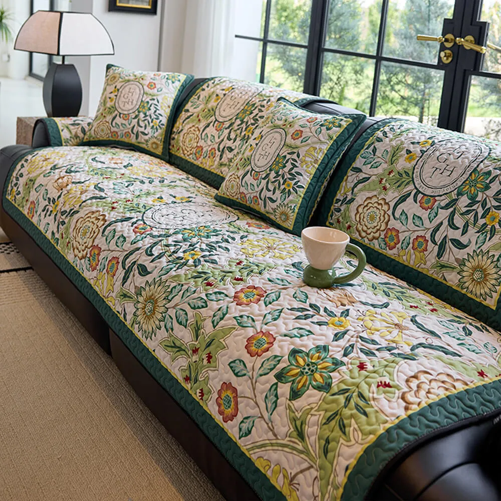 Vintage Botanical Quilted Non-Slip Couch Cover  French Farmhouse Style