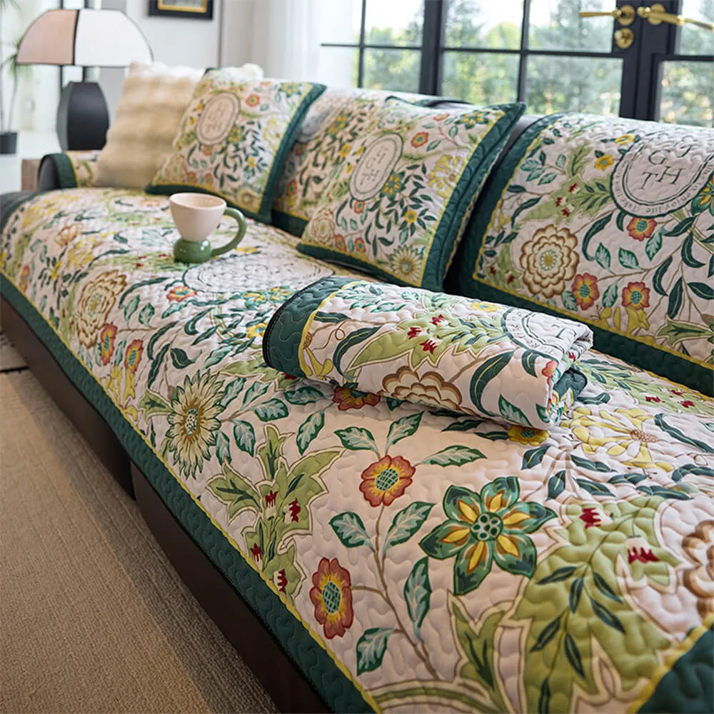 Vintage Botanical Quilted Non-Slip Couch Cover  French Farmhouse Style