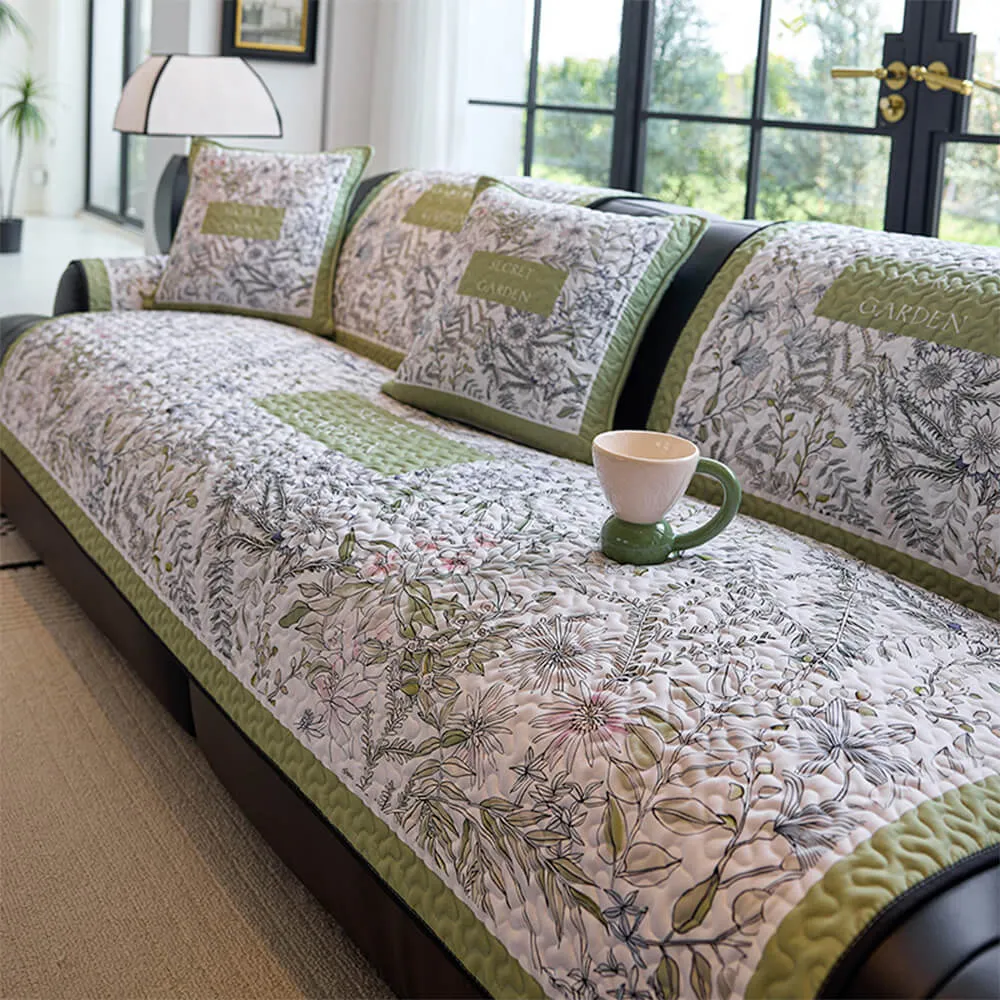 Vintage Botanical Quilted Non-Slip Couch Cover  French Farmhouse Style