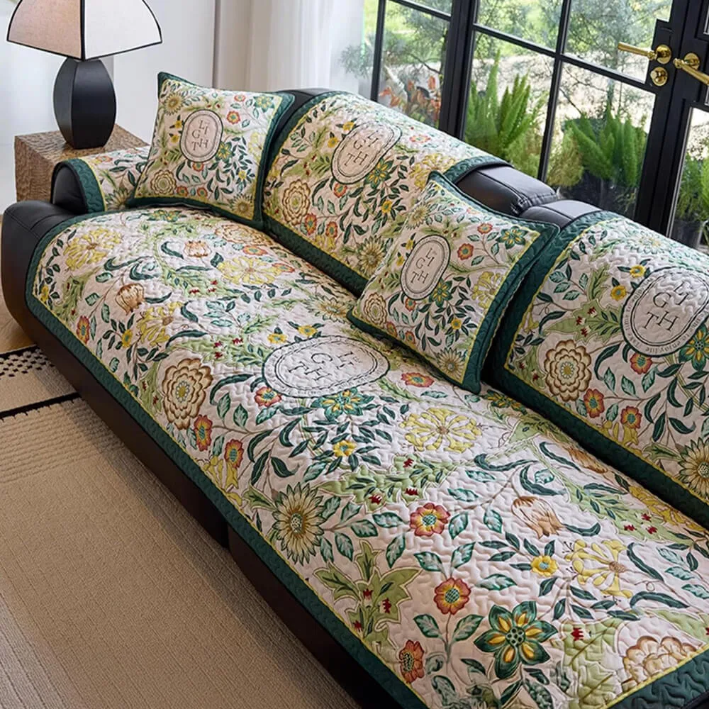 Vintage Botanical Quilted Non-Slip Couch Cover  French Farmhouse Style