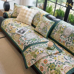 Vintage Botanical Quilted Non-Slip Couch Cover  French Farmhouse Style