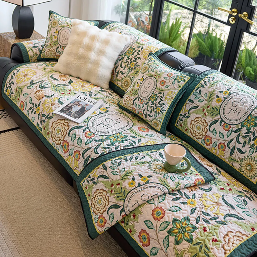 Vintage Botanical Quilted Non-Slip Couch Cover  French Farmhouse Style